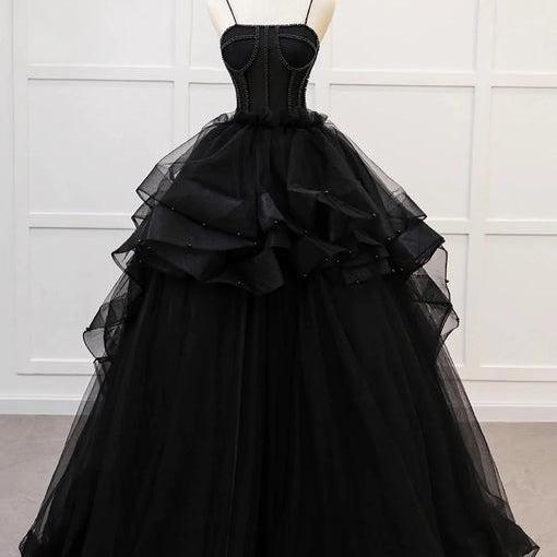 Black Straps Beaded Scoop Tulle Long Formal Dress Prom Evening Tulle Sweet 16 Dress SA2397