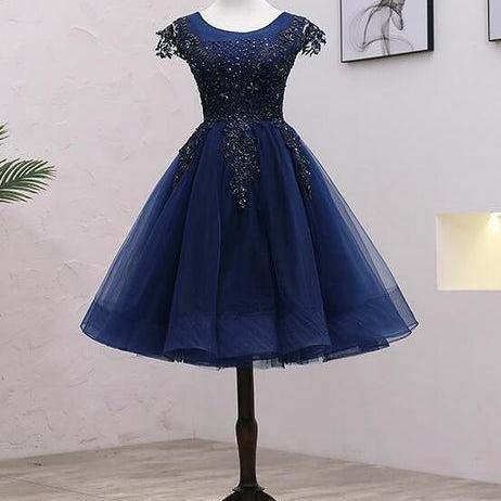 Navy Blue Tulle Beaded Knee Length Cap Sleeves Prom Dress Formal Homecoming Dress SA2401