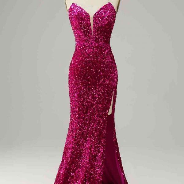 Fuchsia Strapless Sequins Long Prom Dress with Slit Formal Dress SA2440