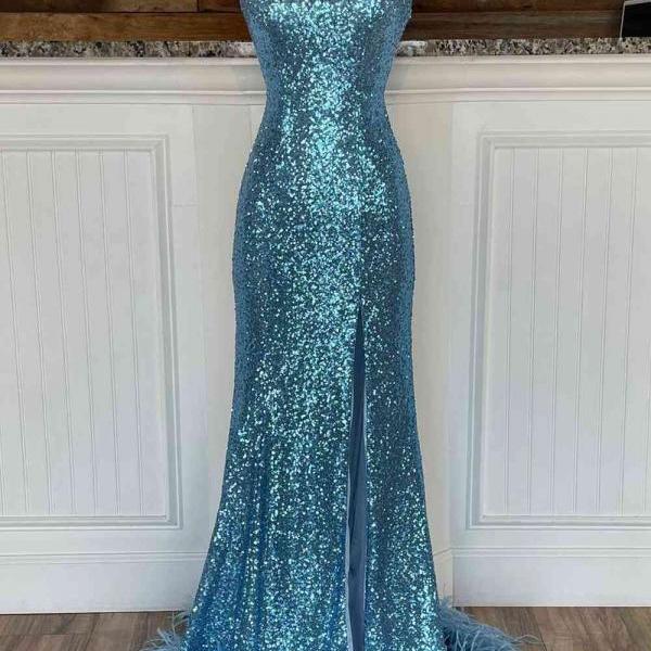 Long Sequined Blue Straps Prom Dress with Feather Hem Formal Dress SA2441