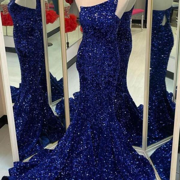 Strapless Royal Blue Sequins Mermaid Long Formal Dress Evening Dress SA2442