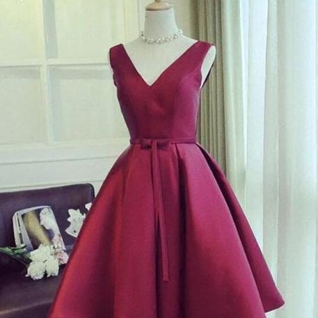 Wine Red Satin Knee Length Party Dress Formal Homecoming Dress SA2476