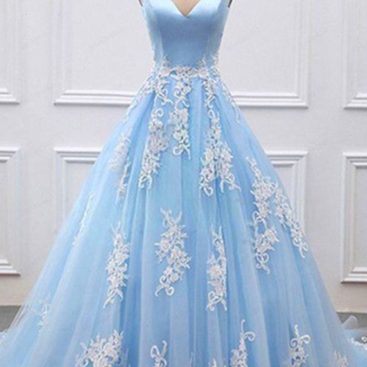 Blue V Neck Off Shoulder Long Tulle Senior Prom Dress With Appliques Formal Evening Dresses SA2530
