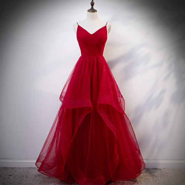 Red Straps Long Party Dress Hand made Custom Formal Dress SA2549