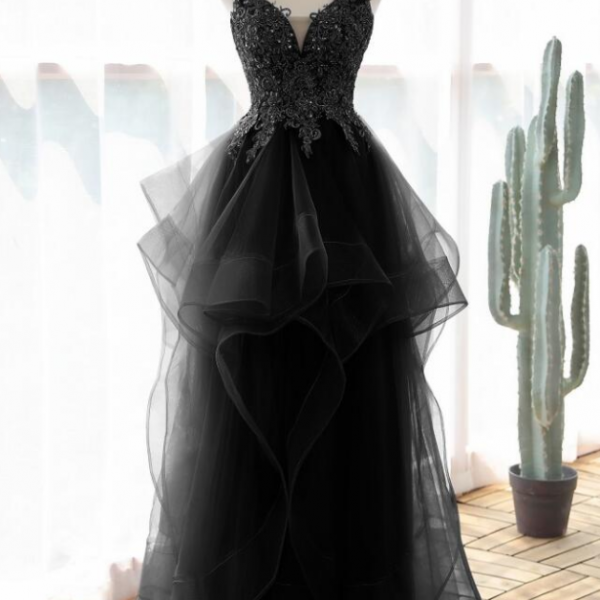 Black Prom Dress Lace Applique Evening Dress Formal Dress SA2550