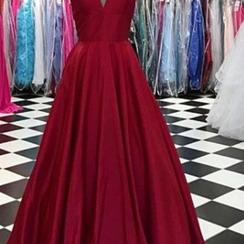 Spaghetti Straps Prom Dresses v-neck Evening Dresses burgundy satin Formal Dress SA2596