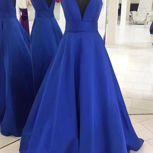 A-line Off Shoulder Blue Satin Long Prom Formal Dress SA2598
