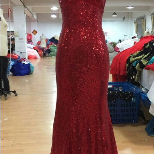  Sequin Red Prom Dresses Spaghetti Straps Women Formal Dresses SA2600