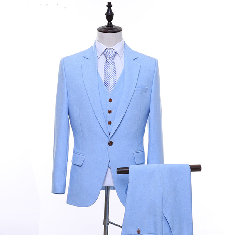 Sky Blue Evening Party Men Suits Three Piece Jacket Pant Vest Notched ...