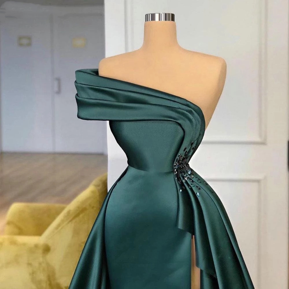 Graduation Robes Long Dark Green Satin Evening Dresses Elegant Ruched ...