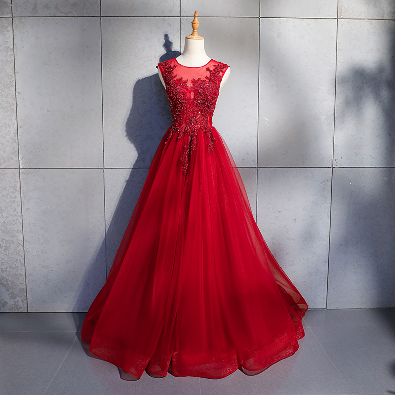Red Prom Dress Eveing Dress Lace Applique Beading Full Length Formal ...