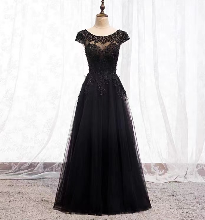Full Length Prom Dress Black Dress Formal Evening Dress Lace Applique ...
