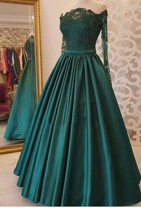 Green Strapless Long Sleeve Lace Applique Tulle Prom Dresses Formal ...