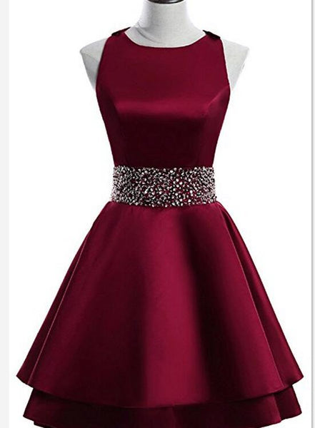 Dark Red Satin Short Two Layered Homecoming Dress, O-Neckline Party ...