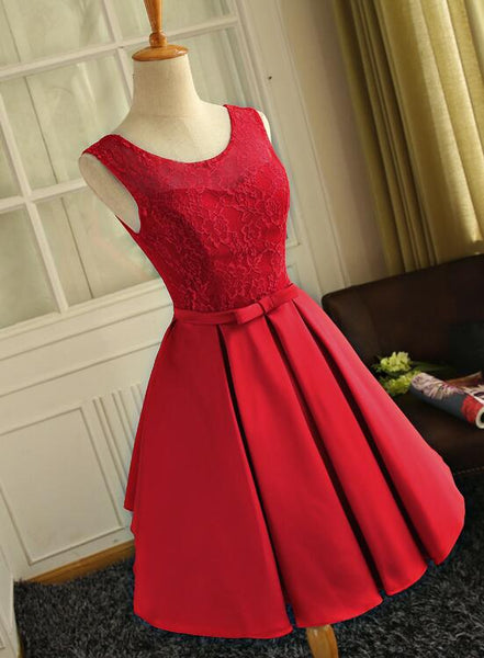 Red Satin Round Neckline Party Dress with Lace Applique, Red Formal Gown Evening Dress