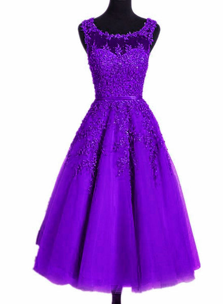 Beautiful Tea Length Purple Round Neckline Bridesmaid Dress, Lace ...