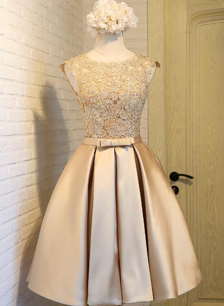 Satin Gold With Lace Knee Length Prom Dress, Short Party Dress D095 on ...