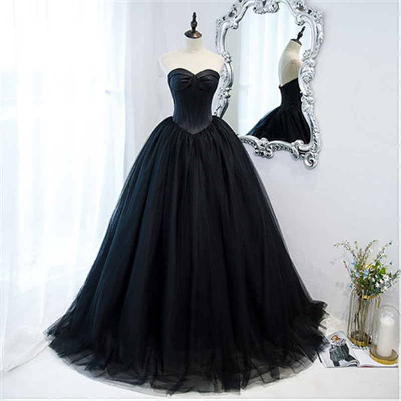 Strapless Black Prom Dress Tulle Party Dress Floor Length Lace Up Back ...