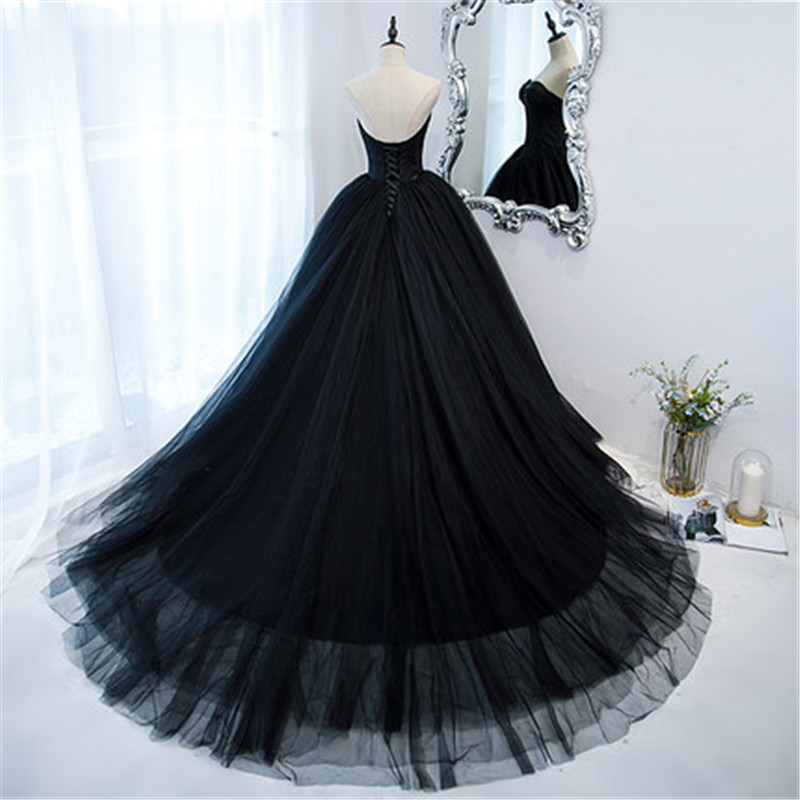 Strapless Black Prom Dress Tulle Party Dress Floor Length Lace Up Back ...