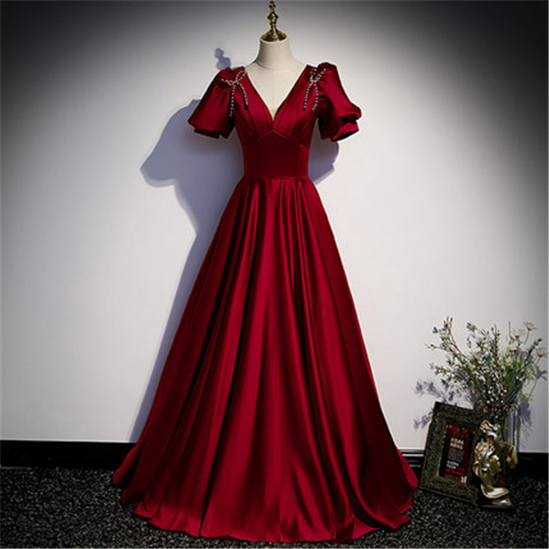 Red V Neck Short Sleeve Floor Length Prom Dress Evening Dress Custom ...