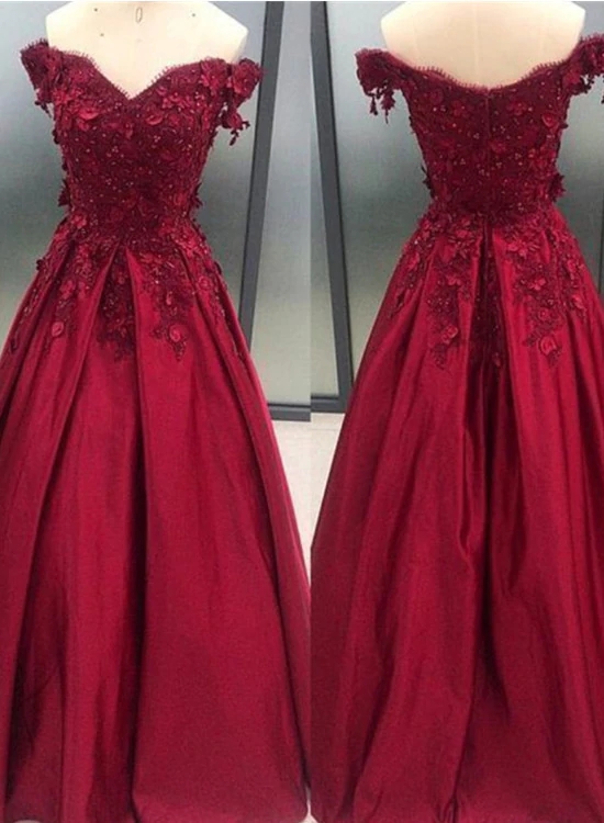 Dark Red Satin Long Off Shoulder A-line Evening Dress, Wine Red Formal Dress Party Dress