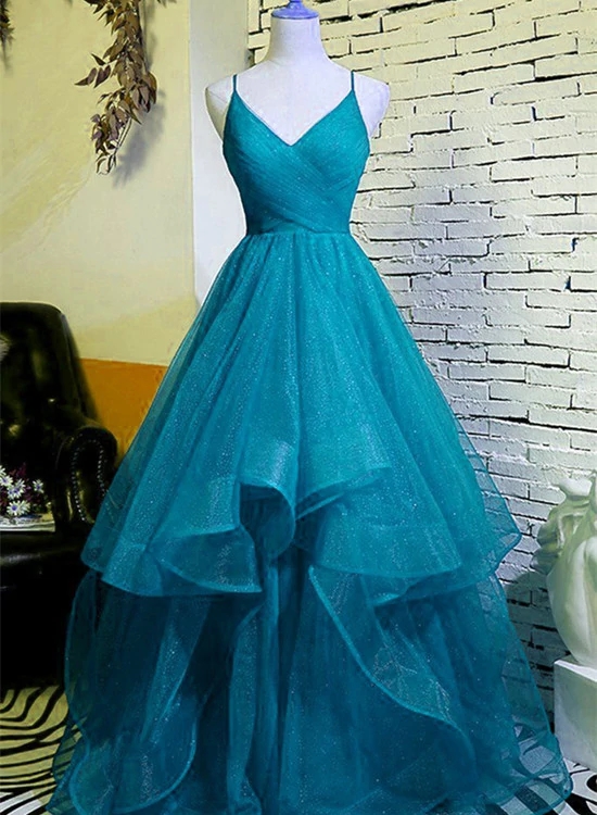 Teal Blue Vneckline Tulle Straps Layers Long Party Dresses, Aline