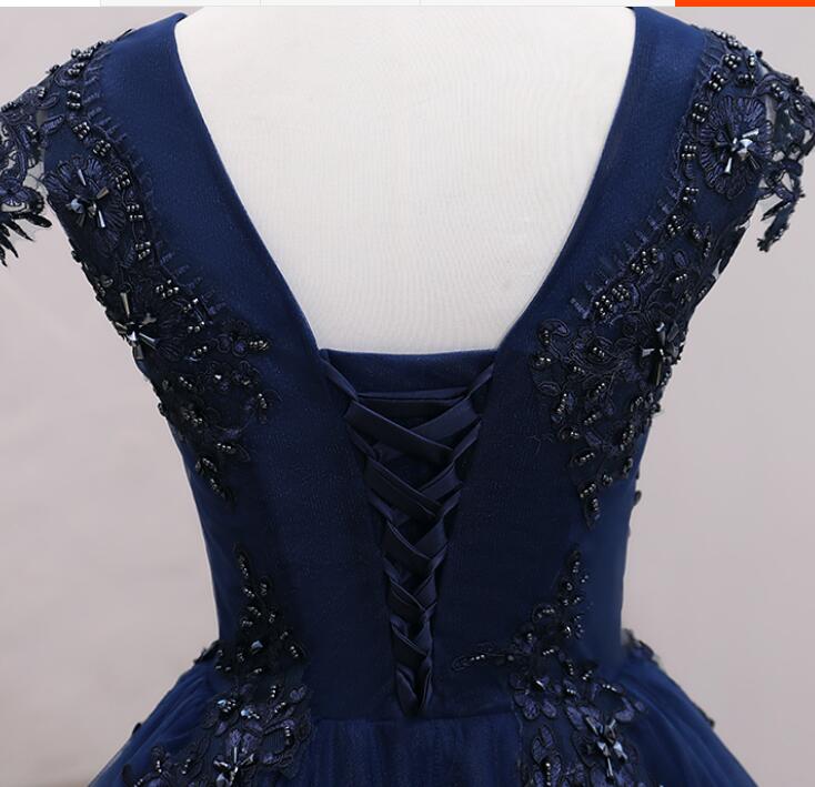Navy Blue Tulle Beaded Knee Length Cap Sleeves Prom Dress, Blue