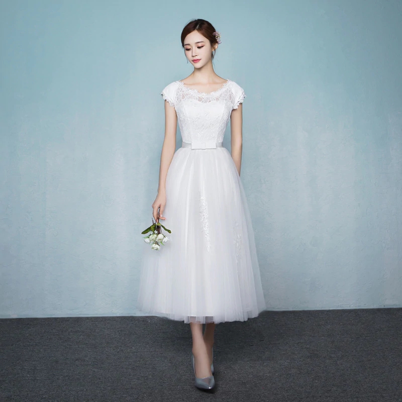 Satin Halter White Tea Length Graduation Dress main image 1