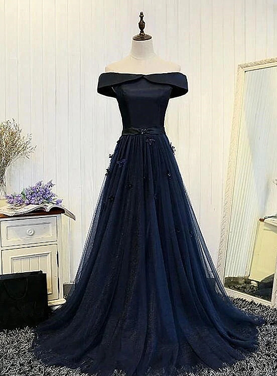 Navy Blue Off Shoulder Tulle Long Party Dress, A-line Floor Length Prom ...