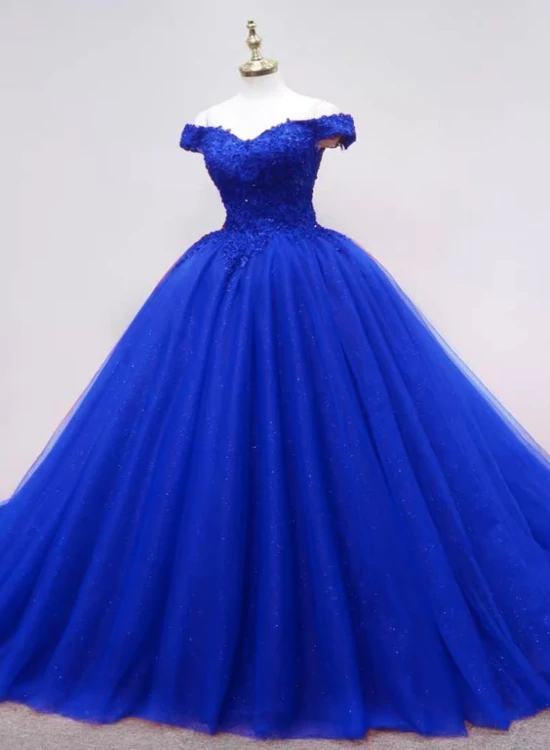 Gorgeous Royal Blue Tulle Ball Gown Party Dress With Lace, Blue Long ...