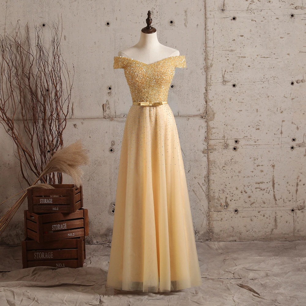 Beautiful Yellow Chiffon and Lace Off Shoulder Long Party Dress, A-line Evening Dresses