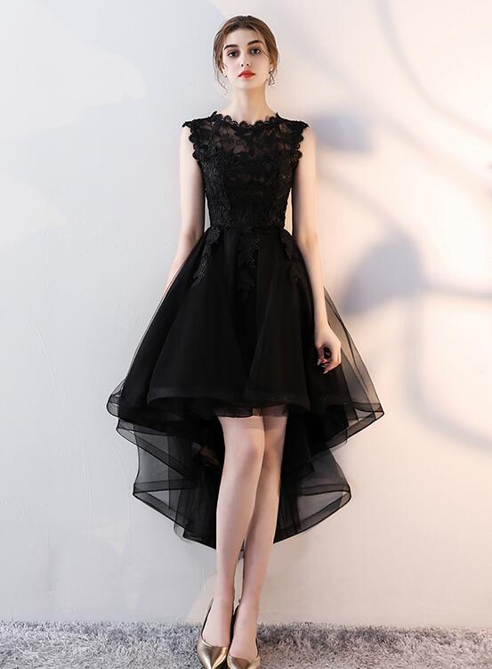 Black Tulle Round Neckline High Low Party Dress, Black Homecoming Dress ...