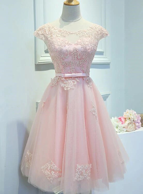 Pink Knee Length Party Dress, Lace Applique Cute Homecoming Dress N069 ...