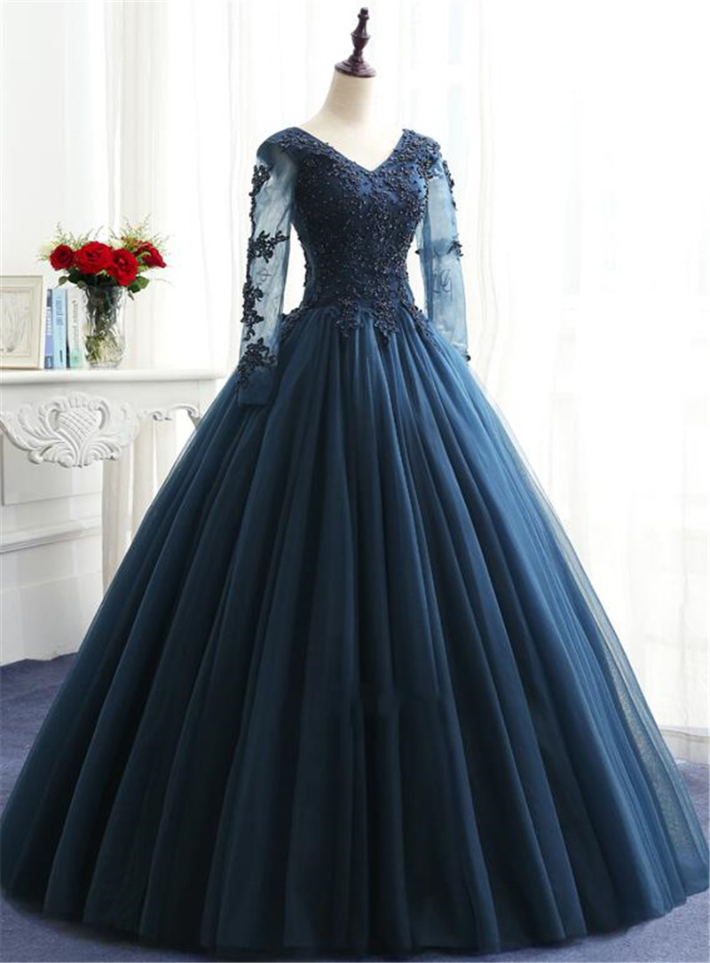 Custom Charming Long Sleeves Navy Blue Tulle Party Gown Evening Dress ...