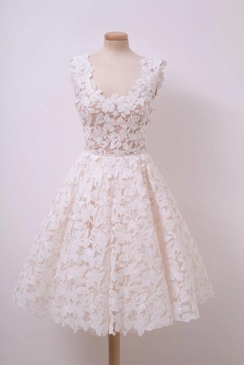 Ivory Chiffon with Lace Straps Short Party Dress, Ivory Graduation Dress Formal Dress