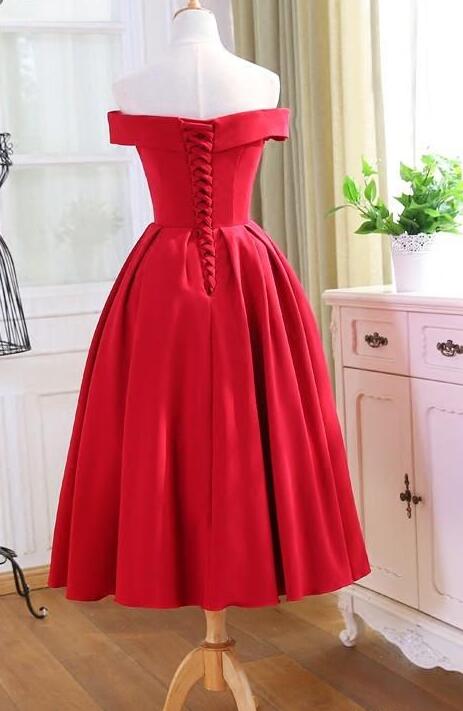 Red Sweetheart Off Shoulder Tea Length Formal Dress, Red Satin Formal Dress Homecoming Dress