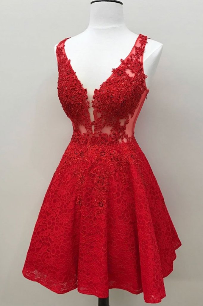 V Neck Open Back Layered Red Prom Homecoming Dress, Short Red Formal Graduation Evening Dress A1728 main image 0