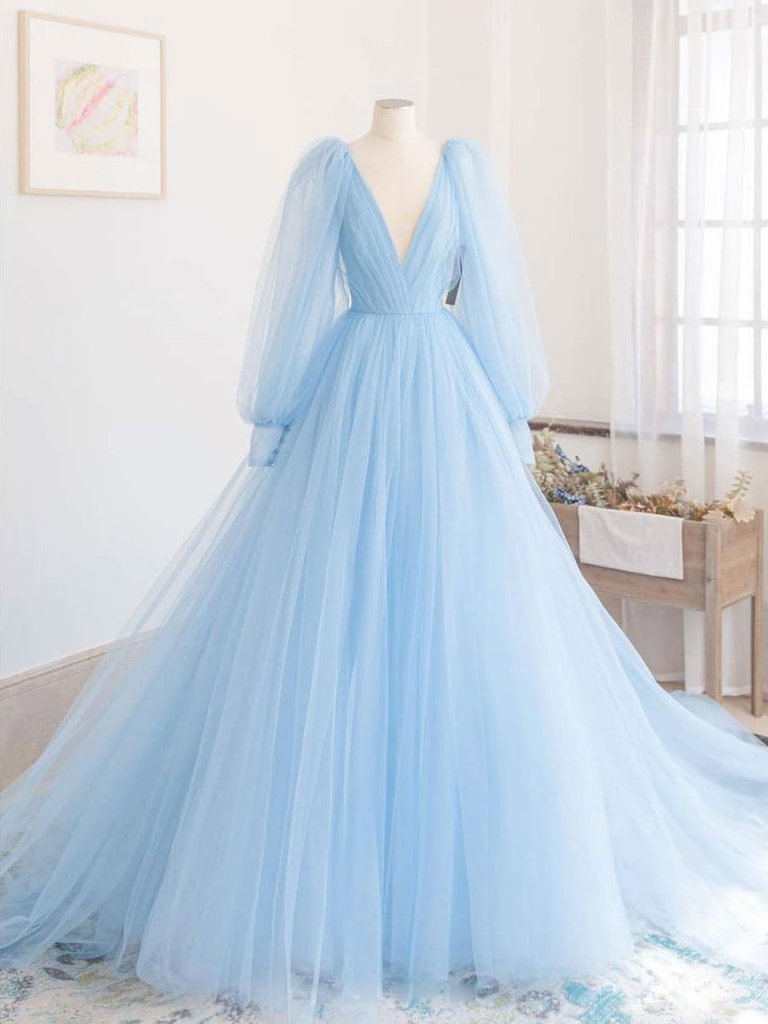 Blue Tulle Gown With Deep V-neck Design on Luulla