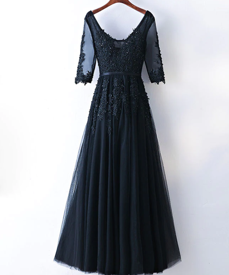 Navy Blue V-neckline Tulle Long Party Dress Prom Dress B651