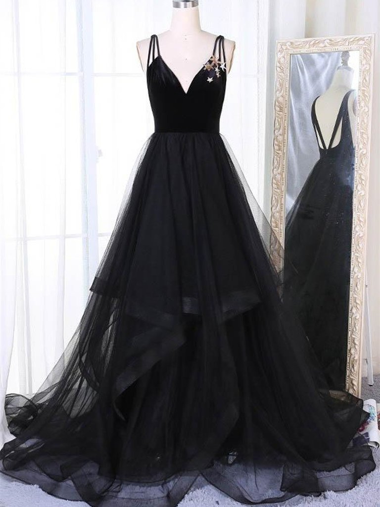 Black Halter A-Line Tulle Long Formal Prom Dress Evening Gown, DP4223