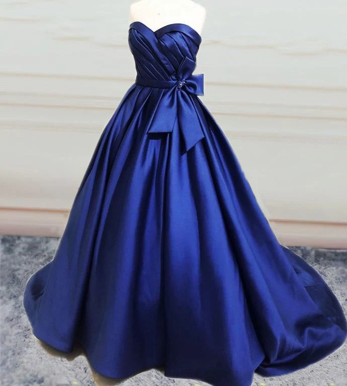 Elegant Blue Strapless A-Line Satin Long Ball Gowns With Bow Prom Dress ...