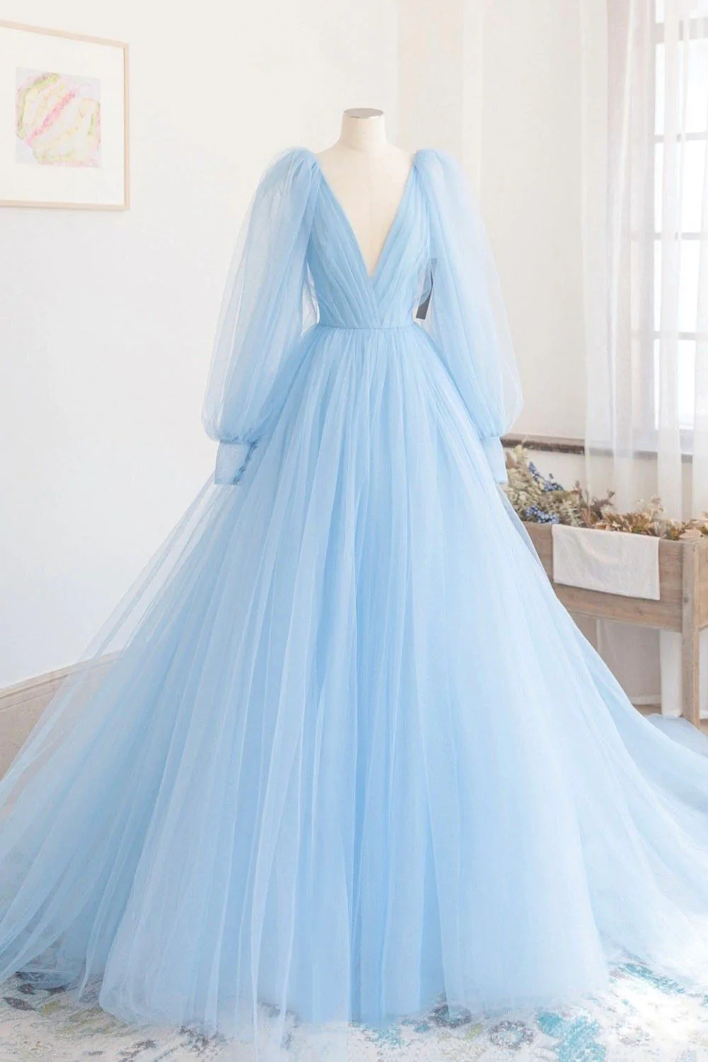 A-line V-neckline Long Tulle Dresses Ink Blue main image 1