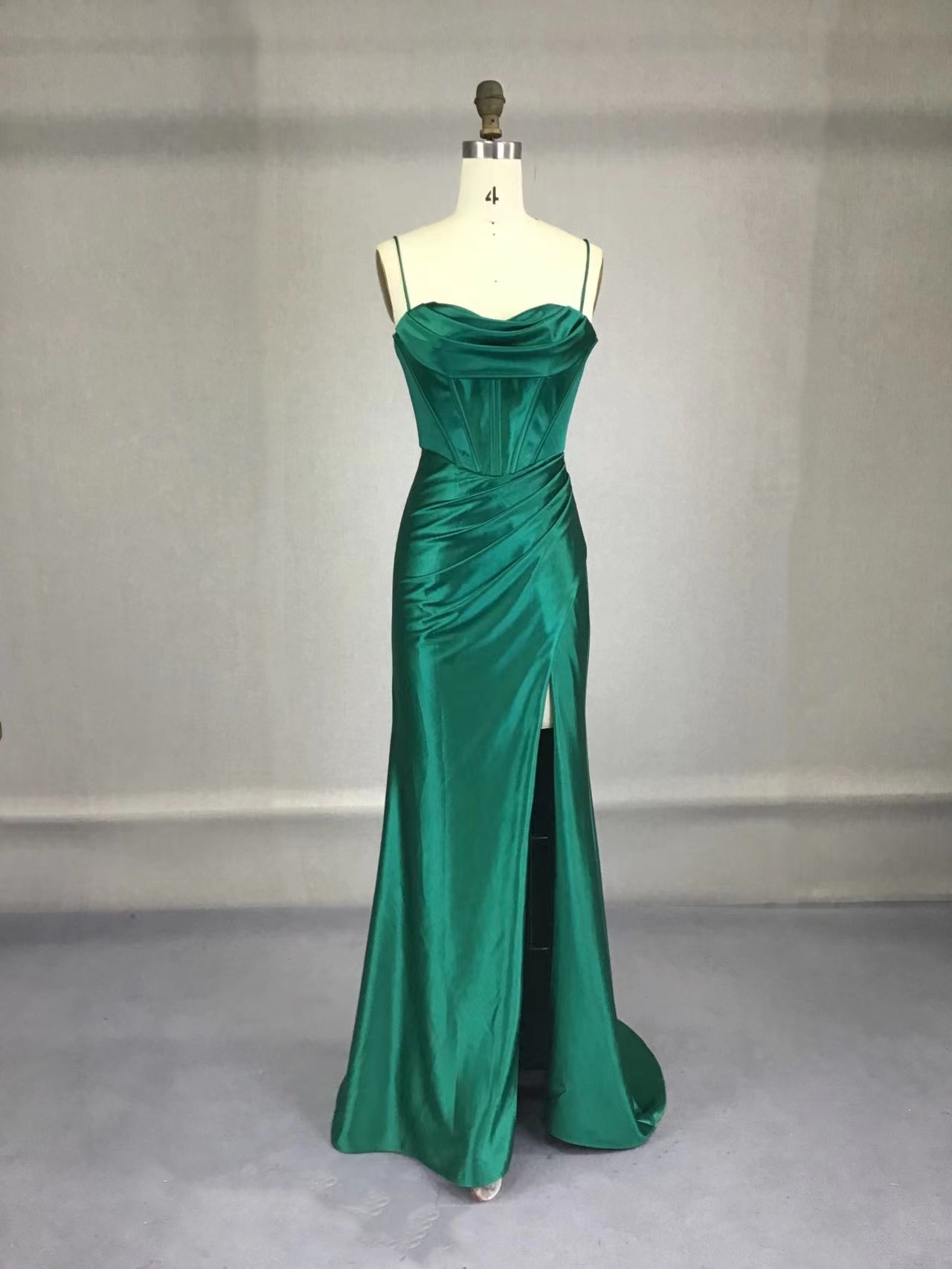 16660 Emerald Green Silvery Belt Satin Gown main image 1