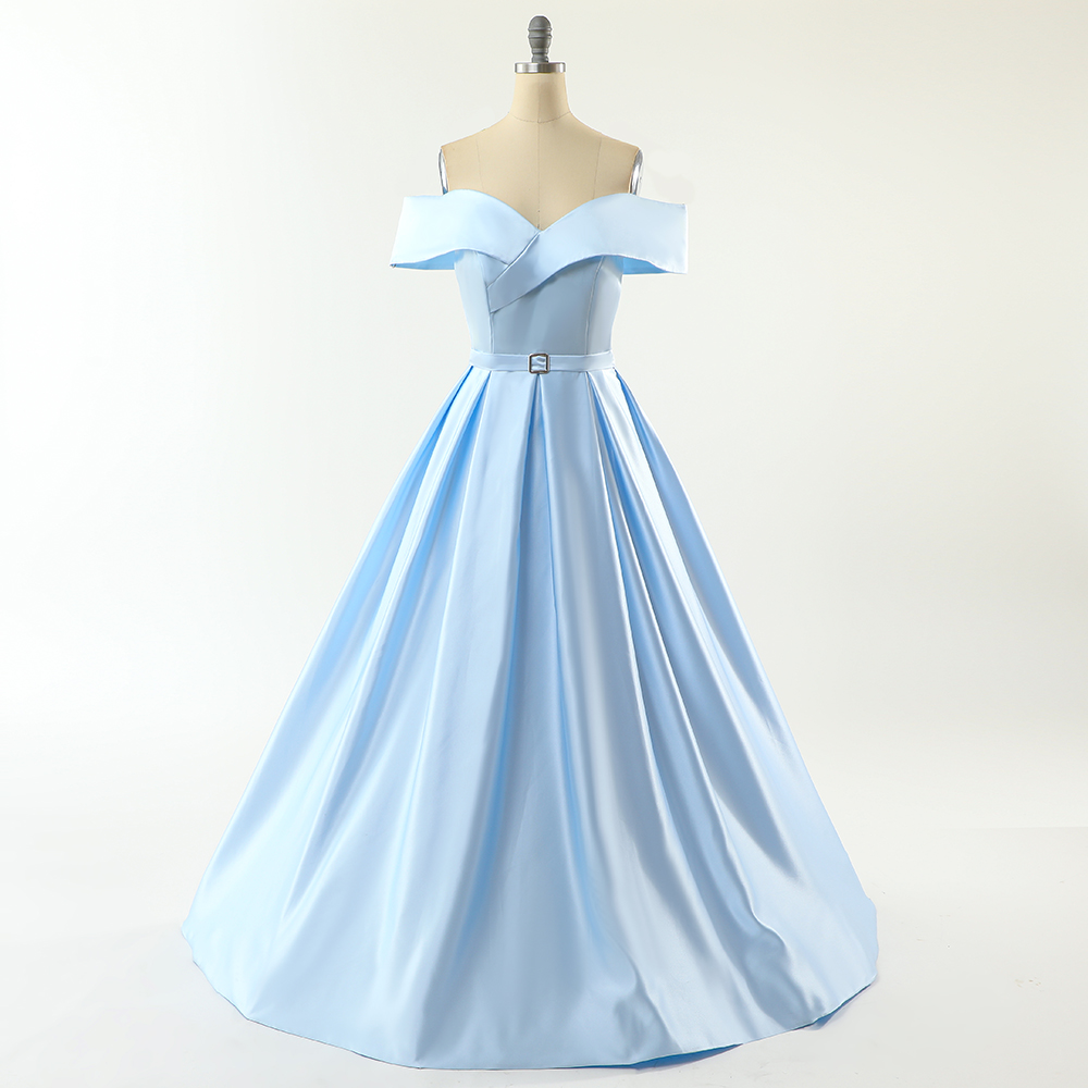 Beautiful Light Blue Satin Off Shoulder Long Evening Dress Satin Prom ...