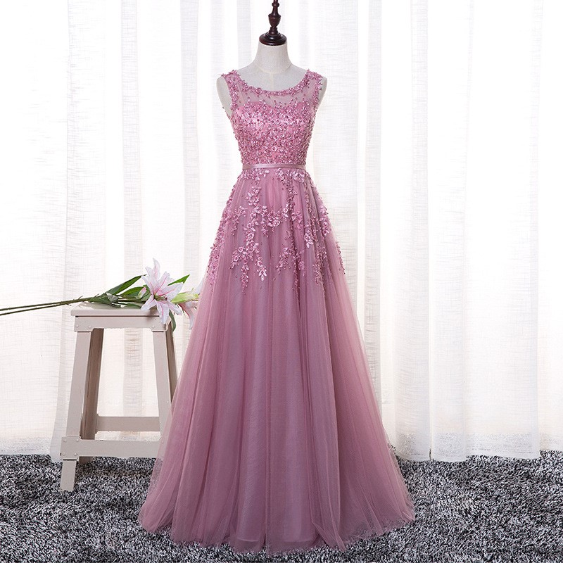 Pretty Pink Satin Lace Appliques Long Prom Dress Evening Dress Y8403 main image 1