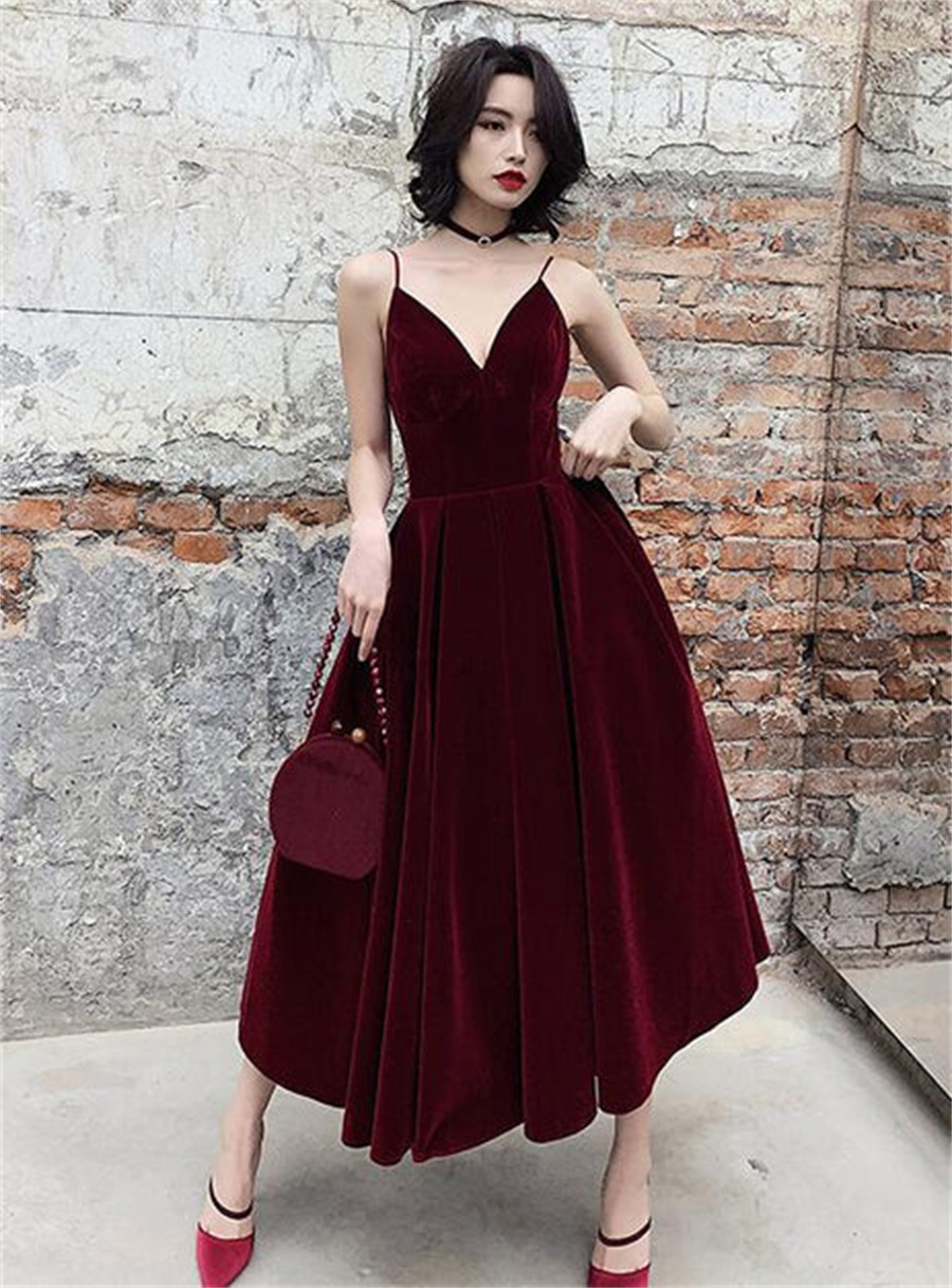Spaghetti Strap Midi Velvet Dresses with Pockets Terracotta Plus Size