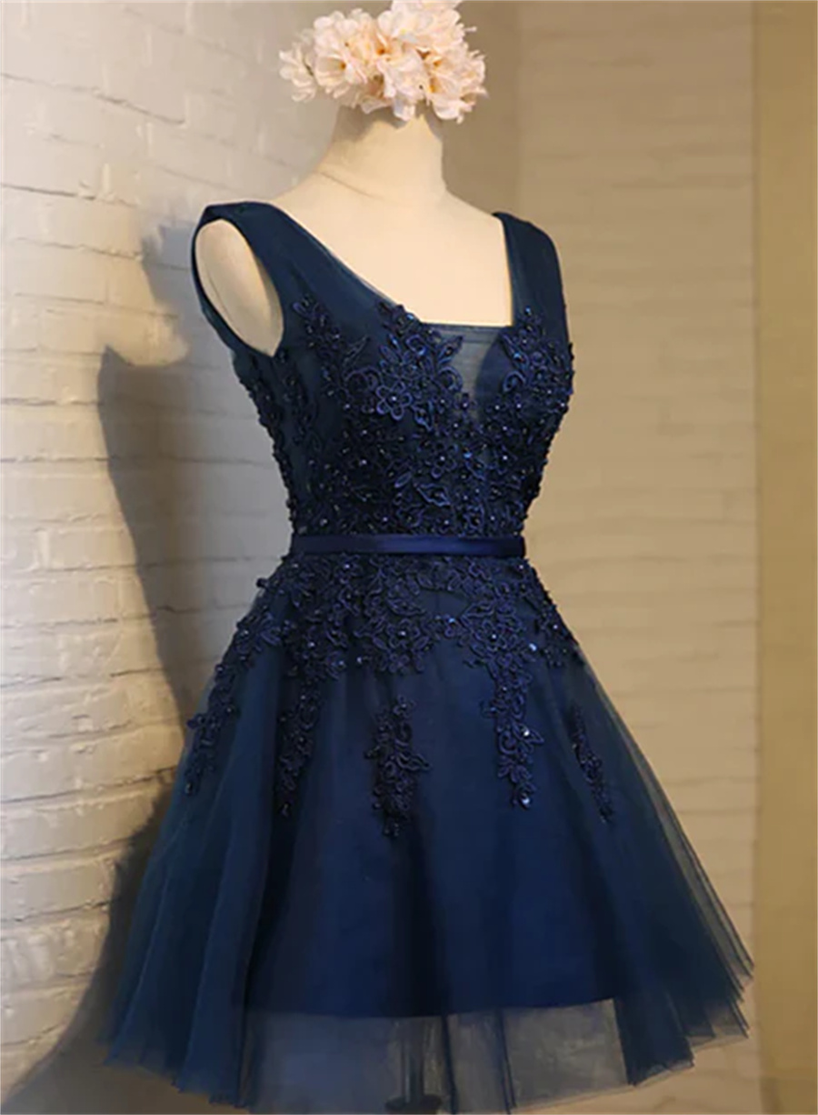 Navy Blue Knee Length Lace Party Dress, Homecoming Dress