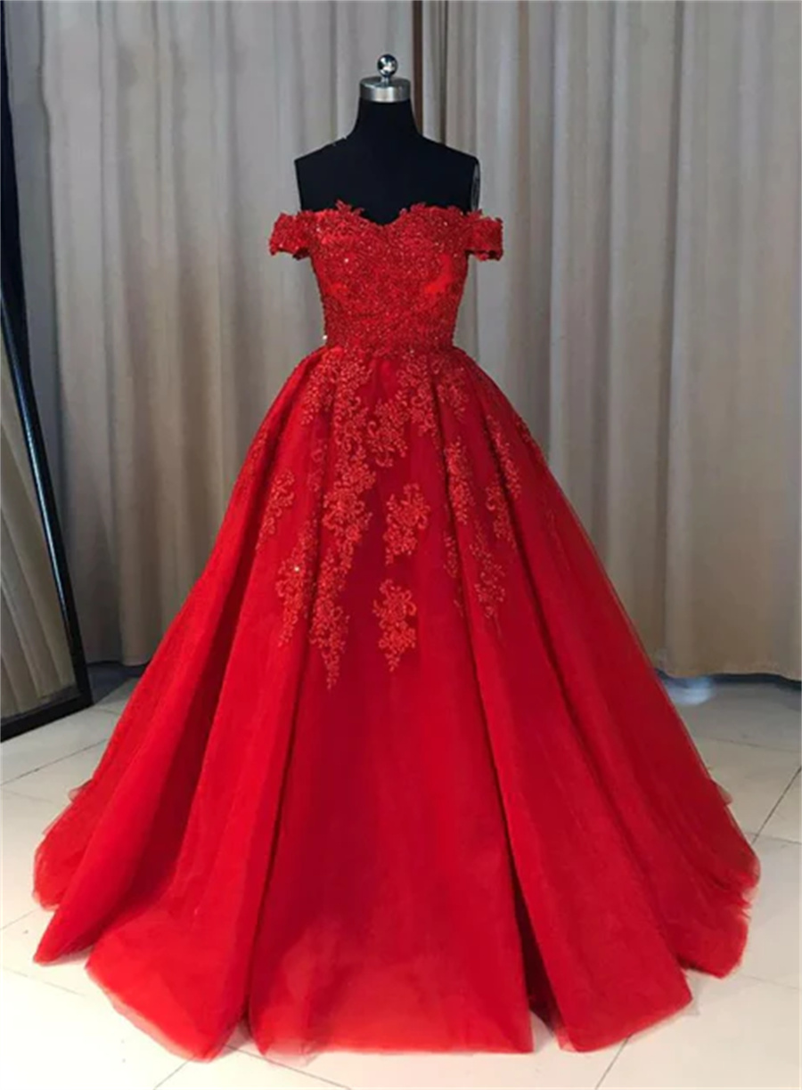 Red Lace Ball Gown With Floral Embroidery on Luulla