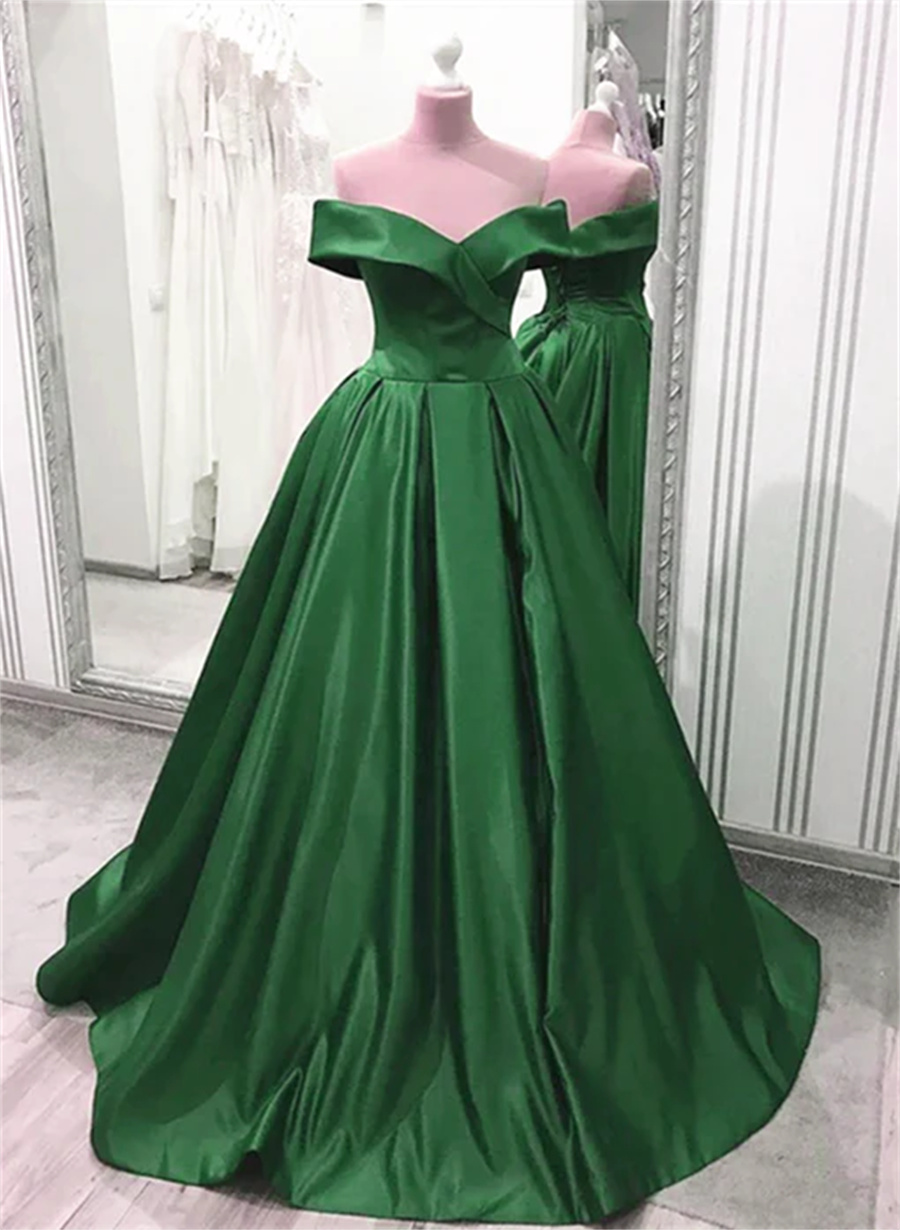 Green Satin Long A-Line Ball Gown, Short Sleeve Green Formal Evening Dress main image 1