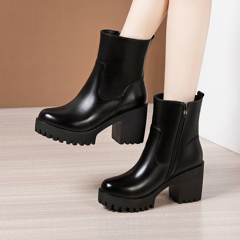 Blacks Shoes For Women's Thick Heel Short Boots New Wild Martin Boots